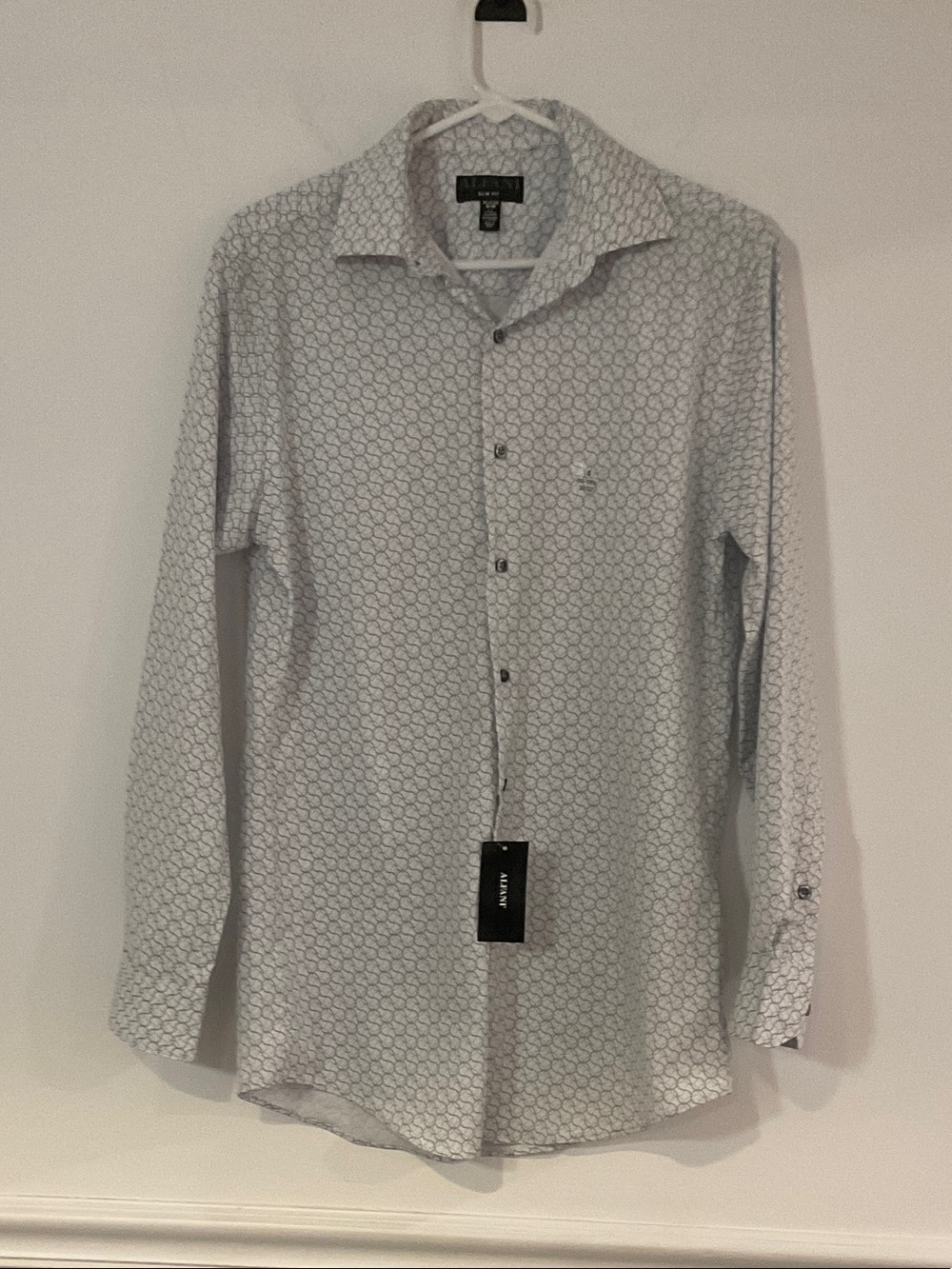 Alfani Men's White and Light Green Patterned Dress Shirt